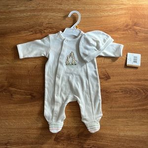 5/$10 Little Me White Sleep and Play Pajama and Hat Set Newborn